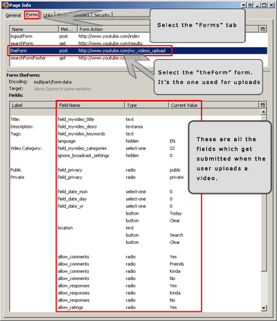 youtube upload video page's forms, fields, values