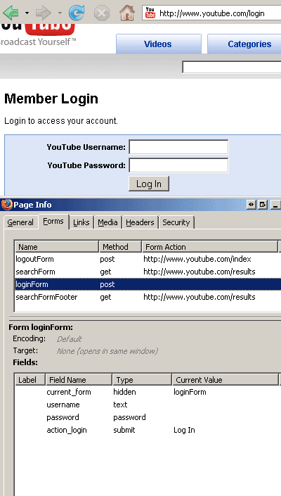 YouTube's login form fields, types and their values