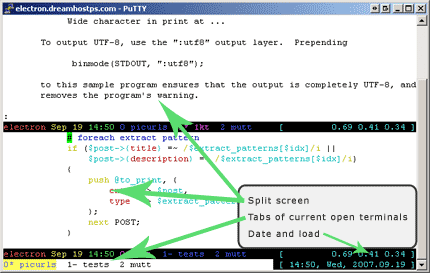 screen - terminal emulator - split windows, named tabs, date, load