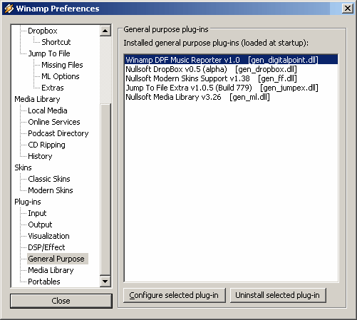 Winamp preferences for dpf music reporter plugin